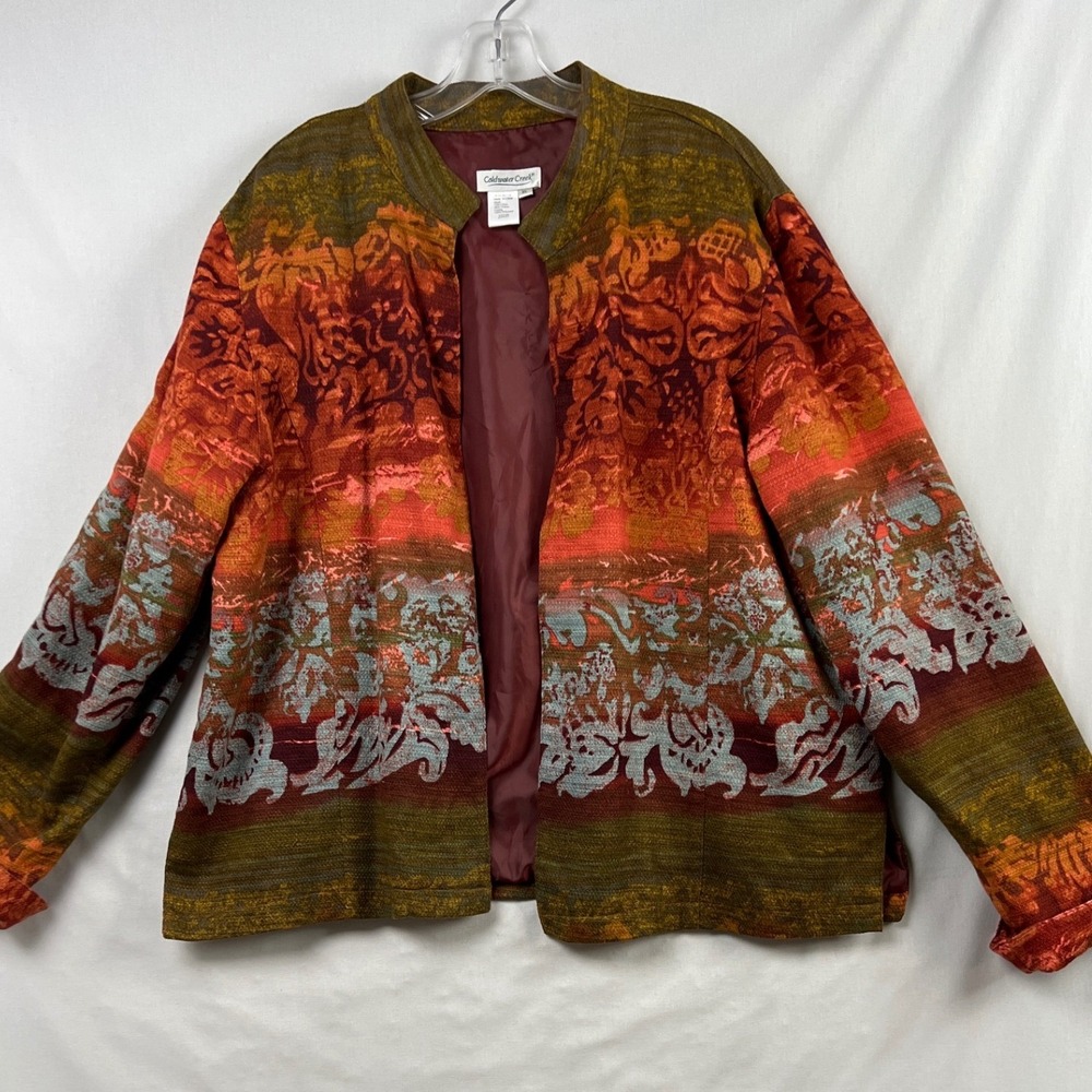 Coldwater Creek Open Front Jacket Womens XL Orange Olive Casual Linen Blend